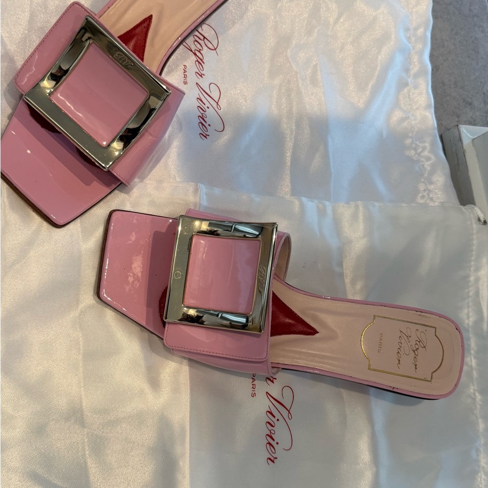 Roger Vivier Pink Patent Slide Mules with Silver Buckle